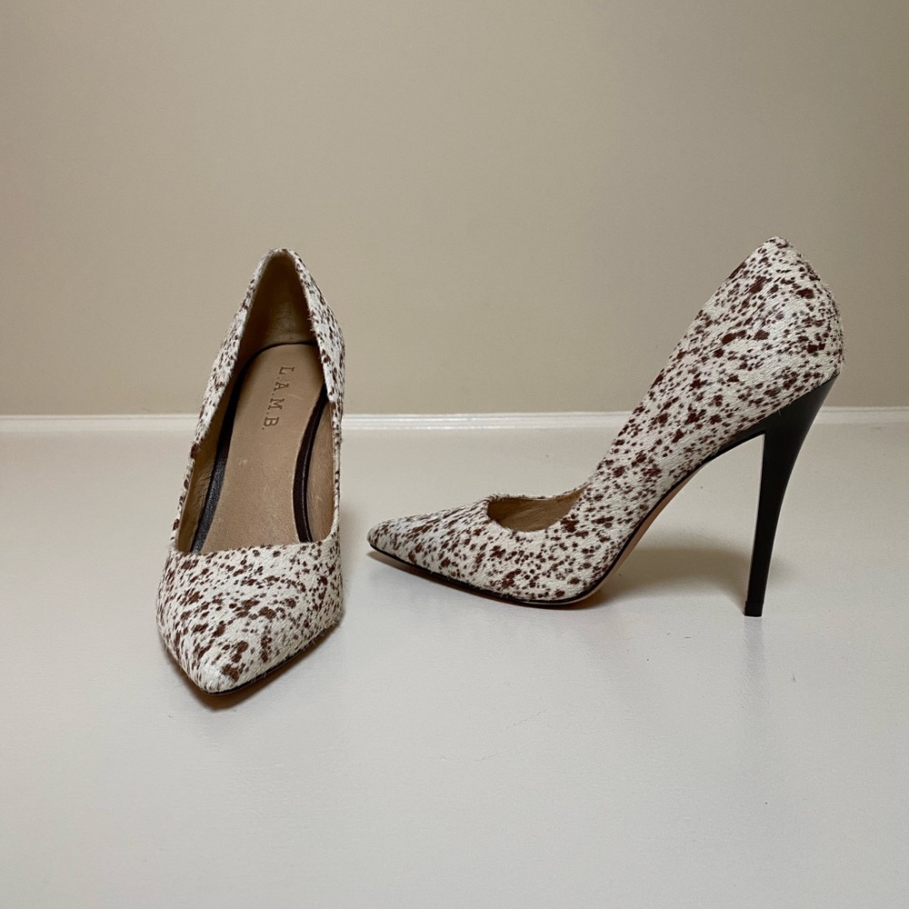 L.A.M.B. - Cream with brown spotted hide with rich brown heel. Size 8.